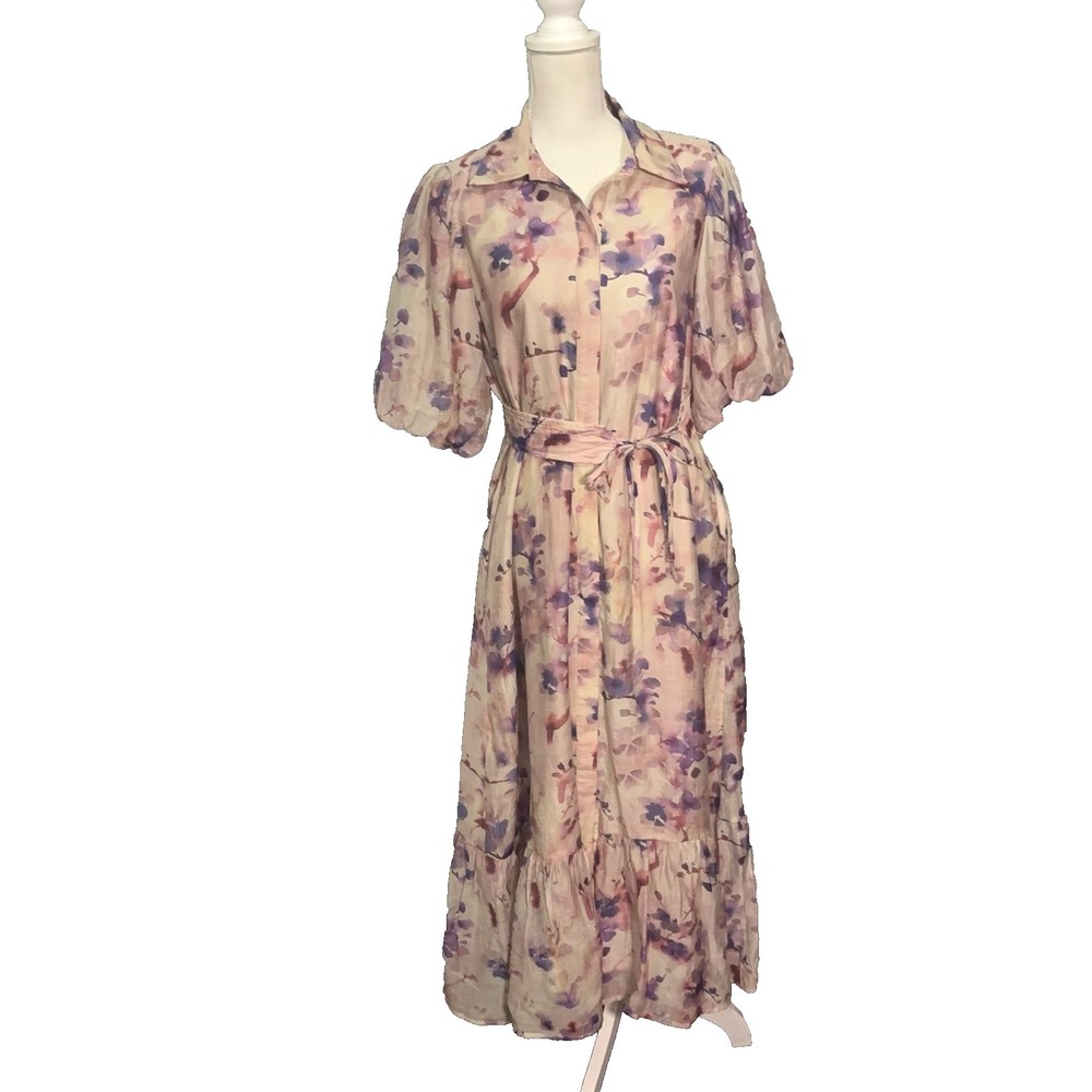Yakira Bella Midi Dress Sz S Cream Purple Floral Ruffle Lined Pockets - SEE NOTE